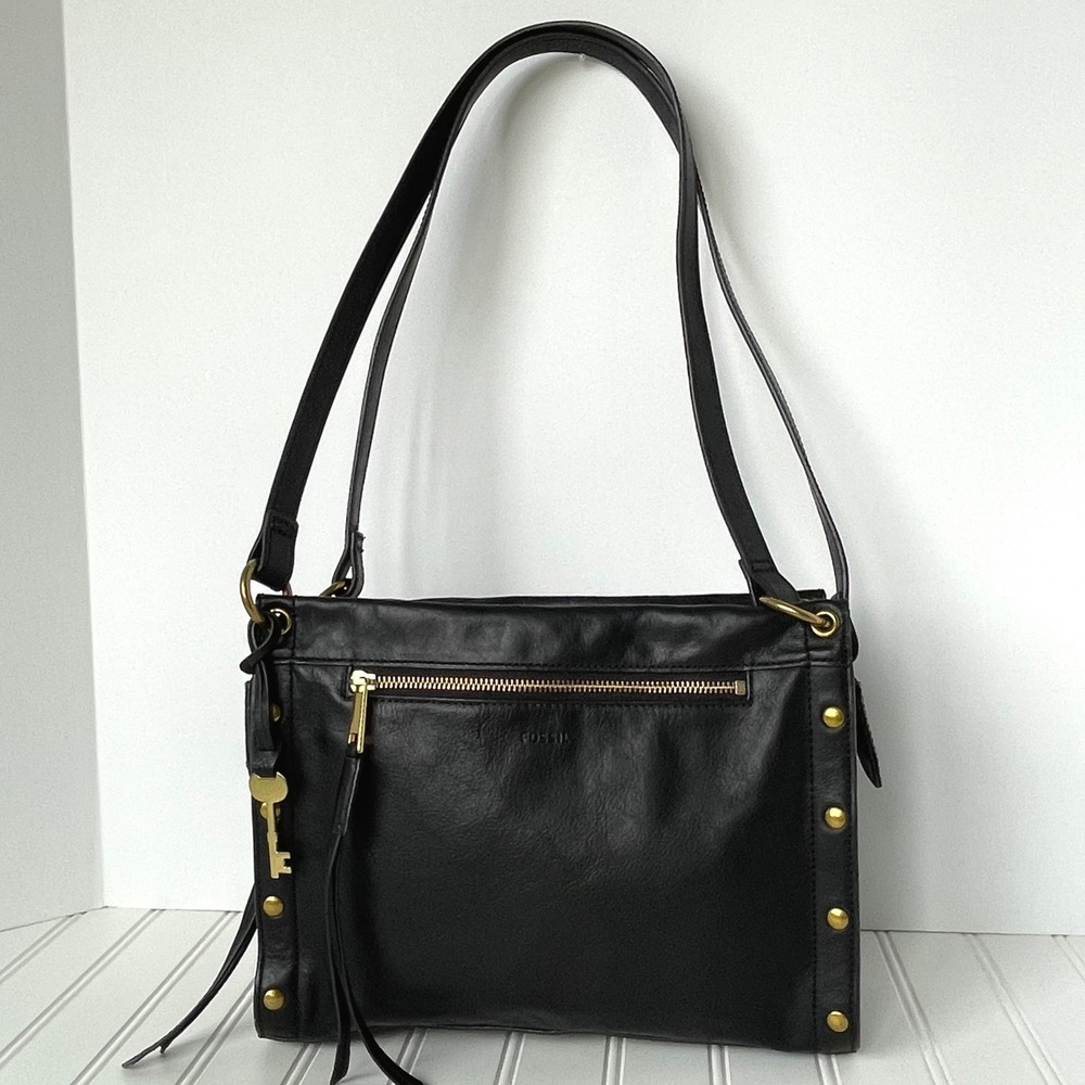 Fossil Allie Satchel Black Leather Purse Studded Shoulder Bag Edgy Biker Baddie